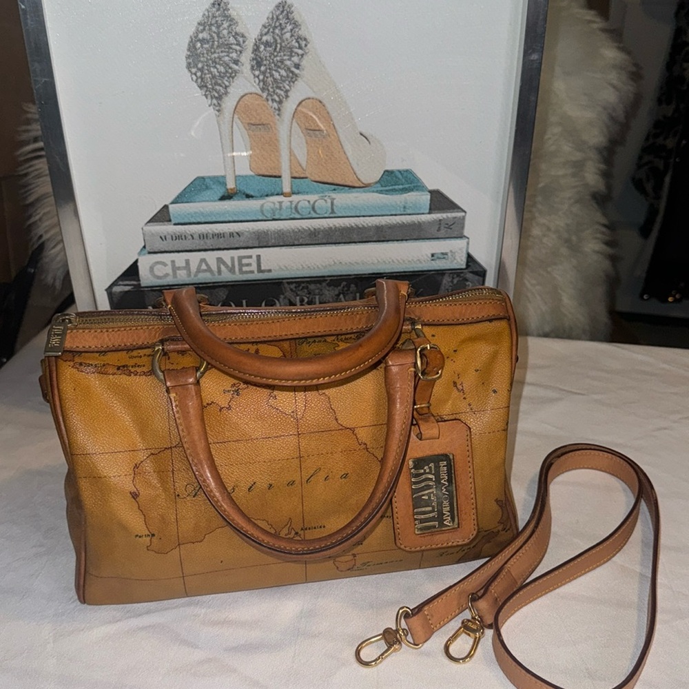 Alviero Martini Vintage Boston Bag Crossbody Purse Map Geo Leather Brown GUC